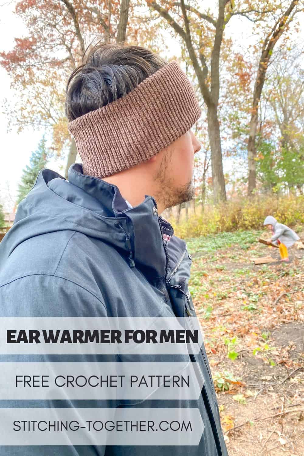 pin image of man wearing a brown crochet ear warmer and black jacket
