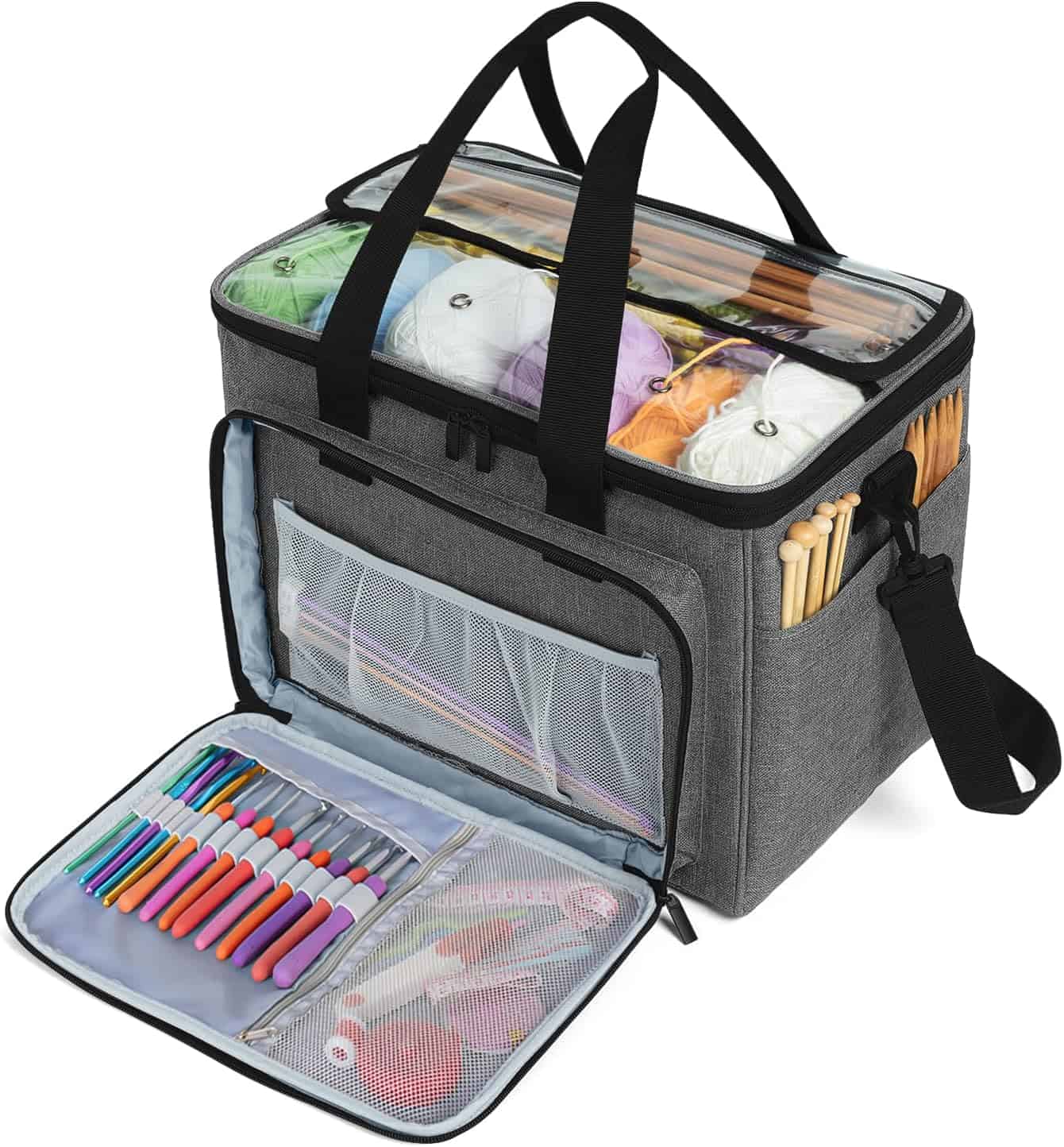 gray yarn storage back with a pocket for crochet hooks