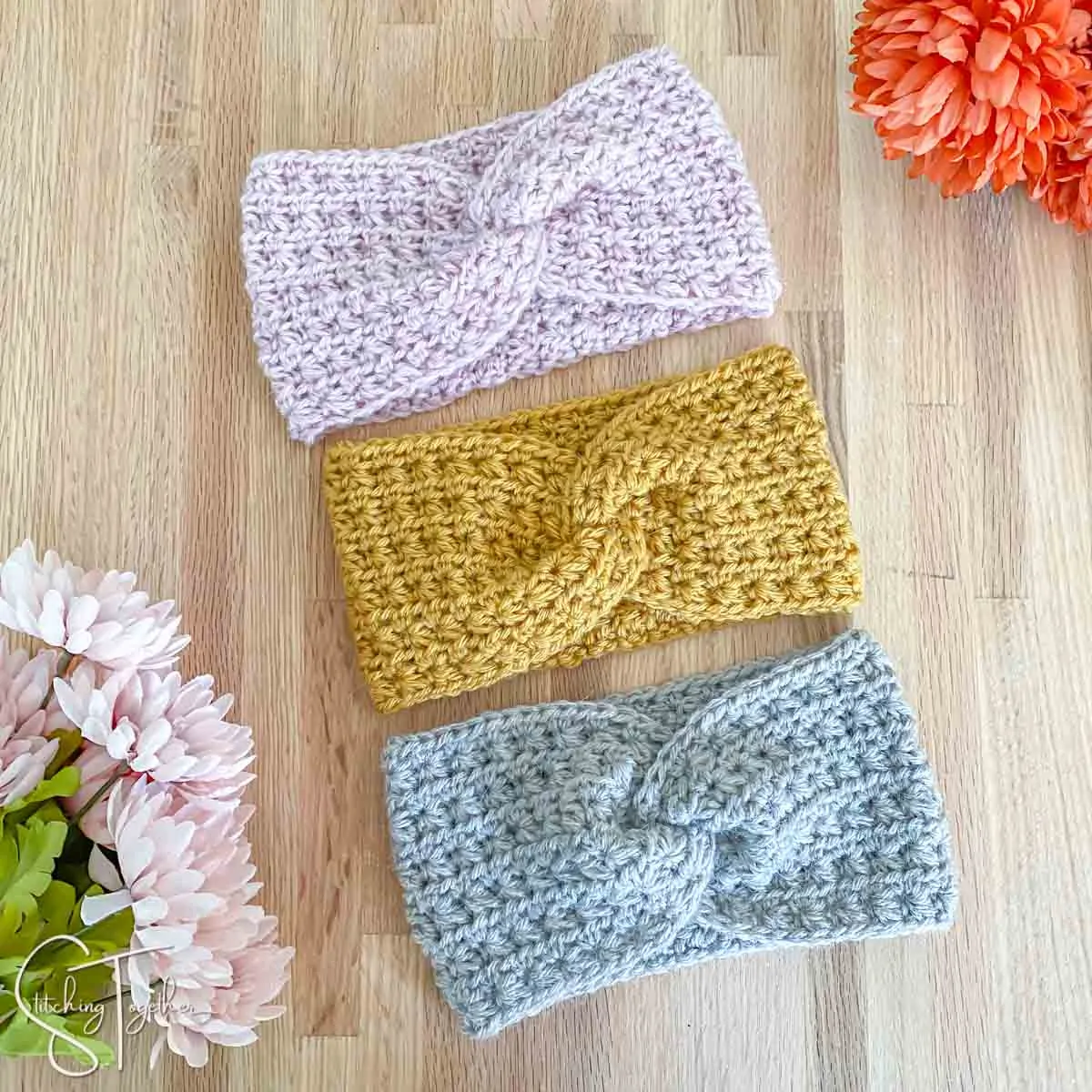 3 crochet twisted headband ear warmers and flowers