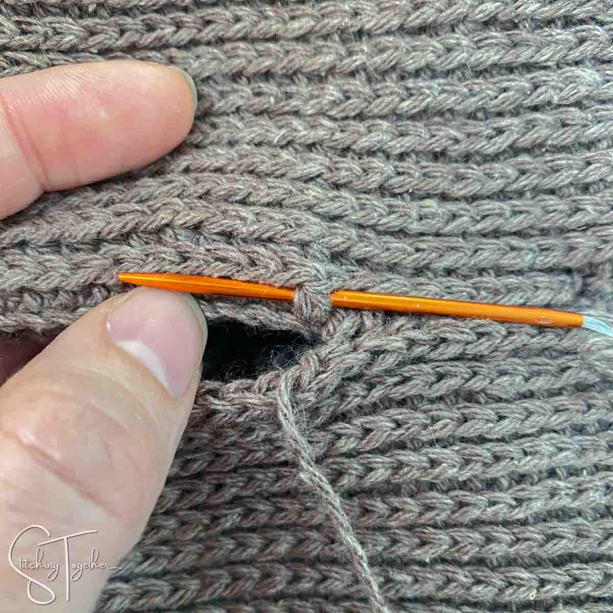 showing how to sew two crochet fabrics together
