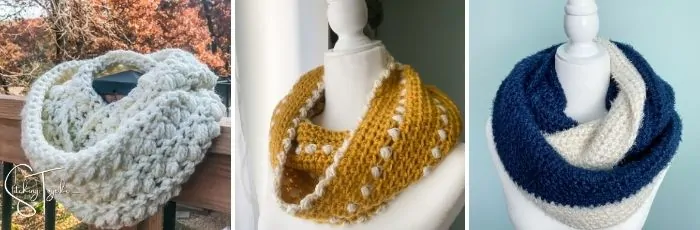 3 different crochet infinity scarves and cowls