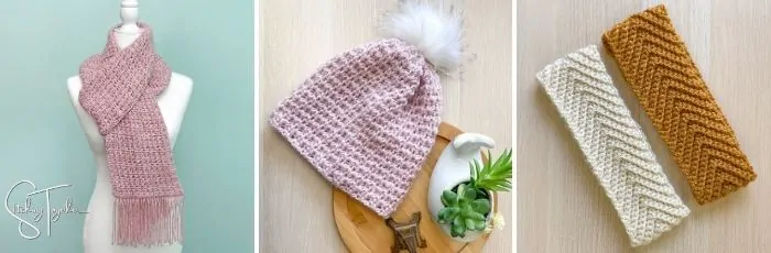 collage of a crochet scarf, hat and headbands