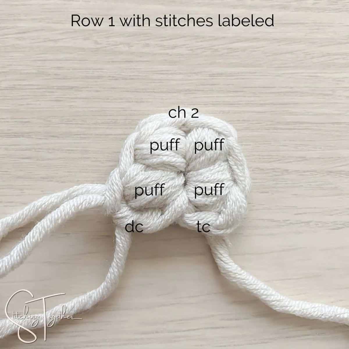 row 1 of crochet triangle with stitches labeled