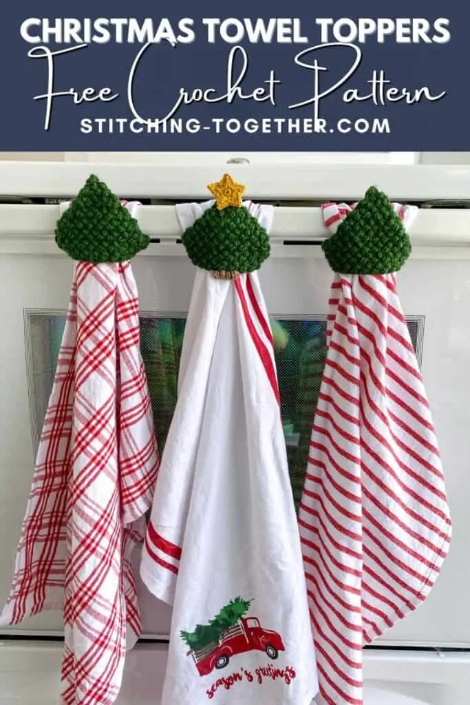 pin image of 3 hanging dishtowels with crochet toppers