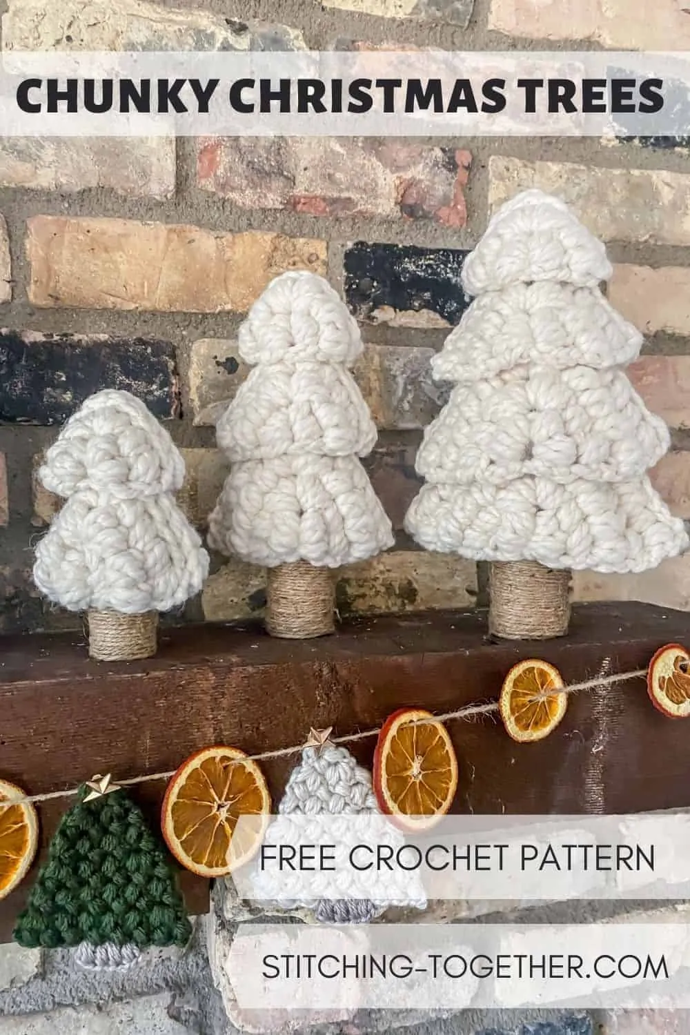 pin image of 3 white crochet christmas trees on a mantle