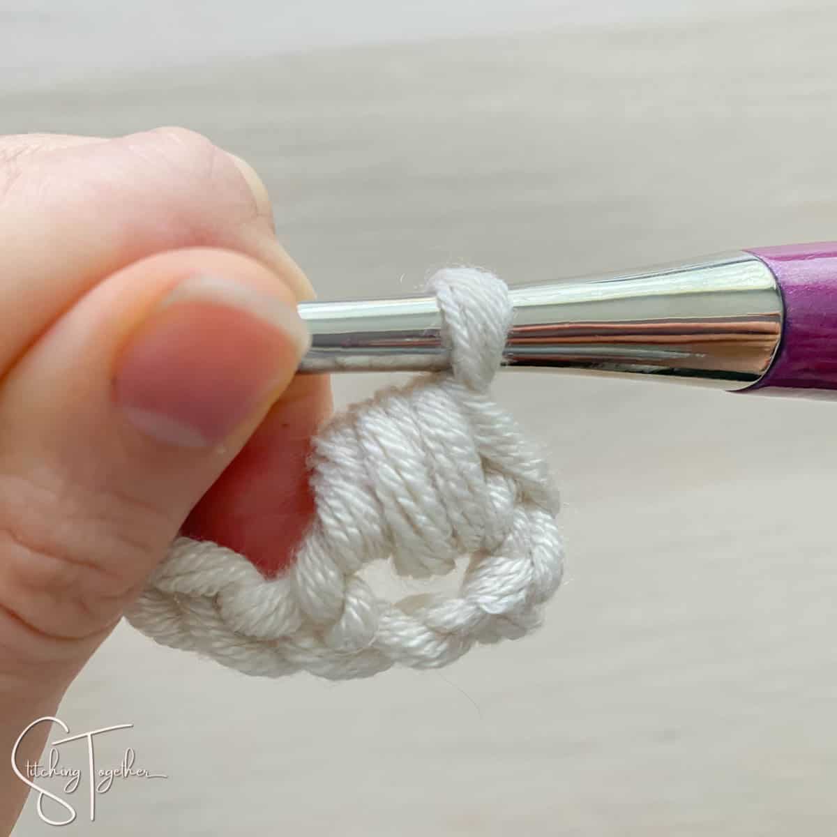 yarn over and pull through all 6 loops on the hook