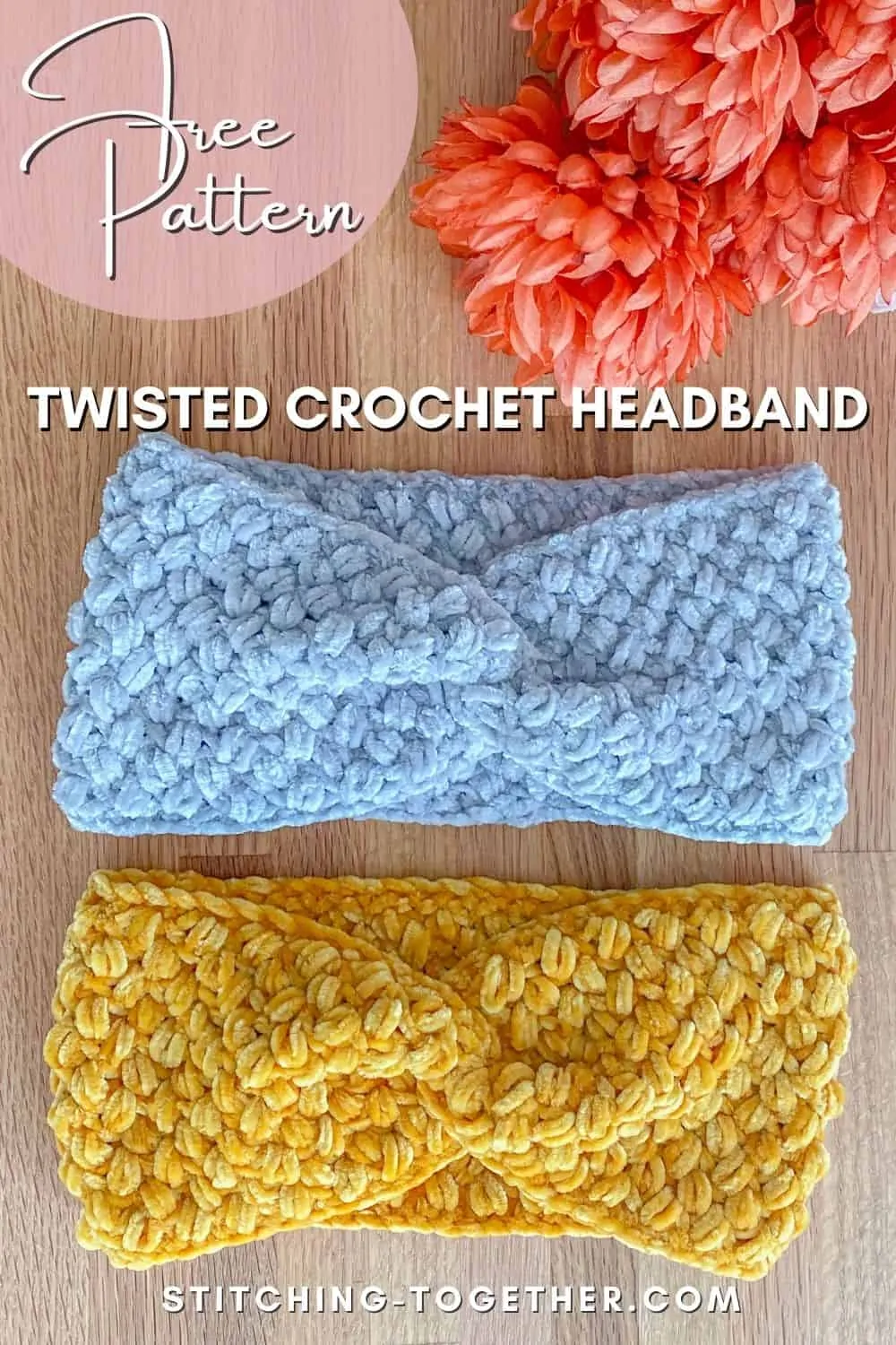 pin image with text and two twisted bean stitch headbands and flowers on background