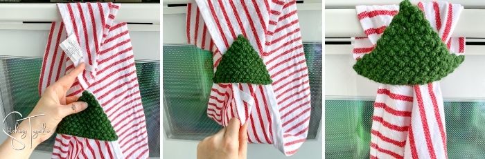 collage images showing how to hang a dishtowel with a crochet topper