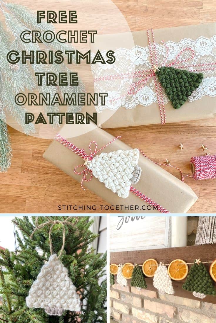 pin collage of crochet christmas trees shown in different settings