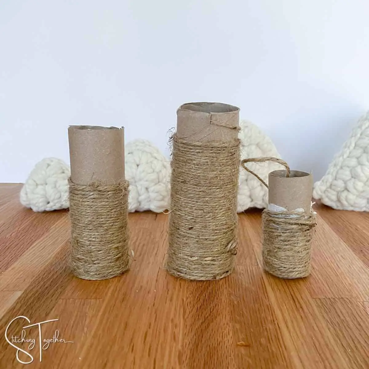 3 toilet paper rolls wrapped in jute twine