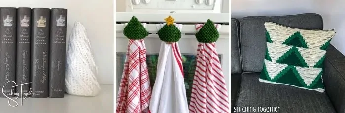 small round christmas tree, tree towel toppers, and a tree pillow