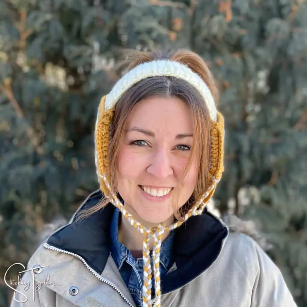 woman wearing crochet headband ear muffs