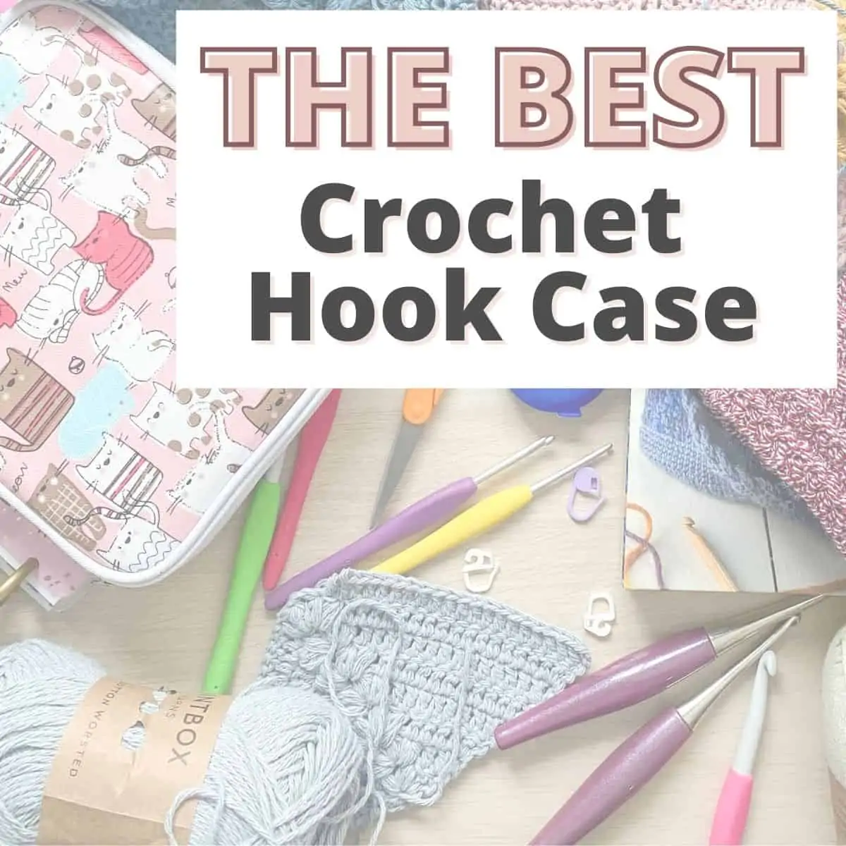 background showing crochet hooks, crochet hook storage bag and crochet projects with words the best crochet hook case