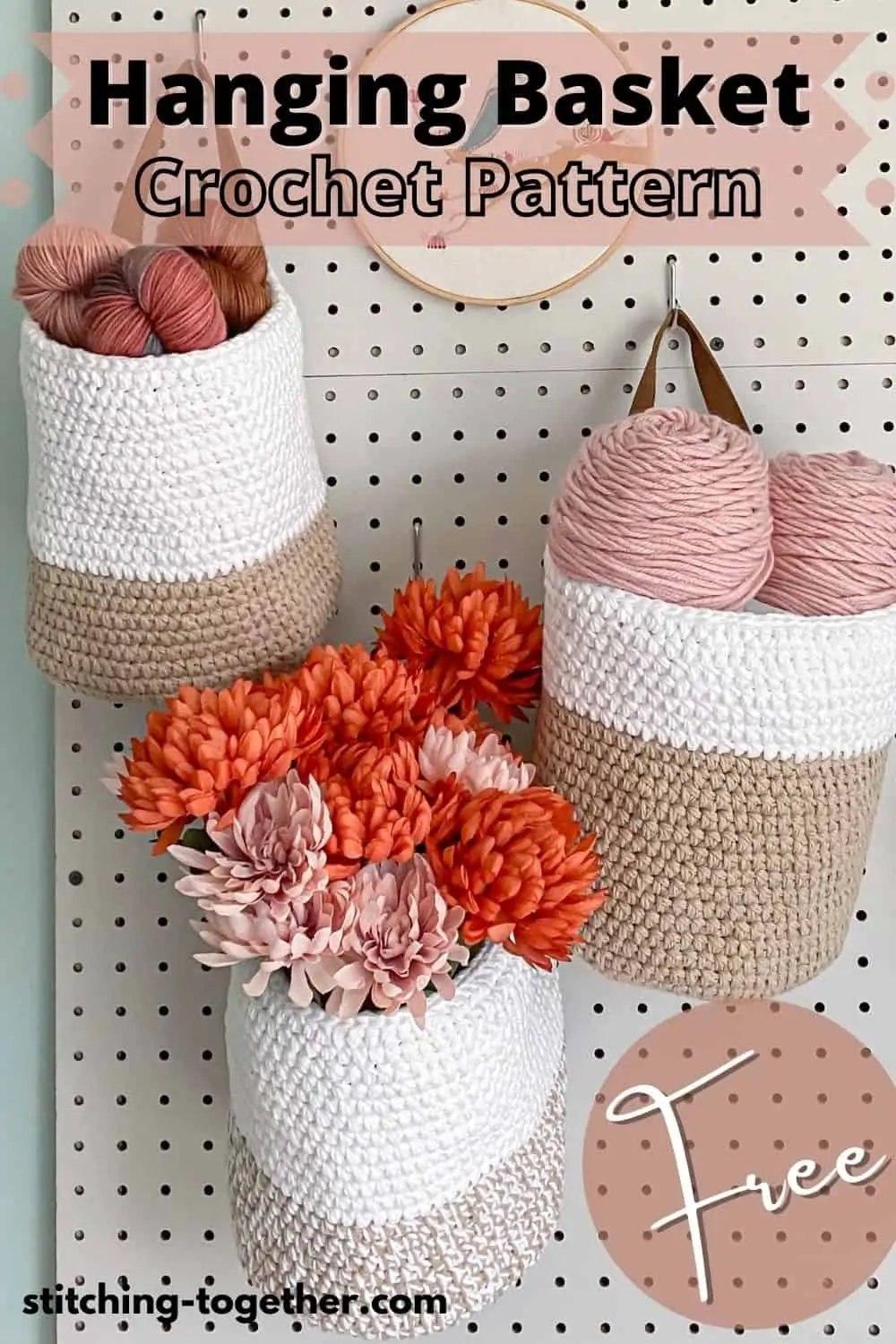 3 crochet baskets hanging on a peg board