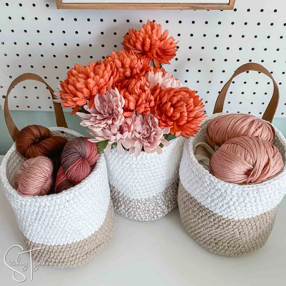 white and jute crochet storage basket