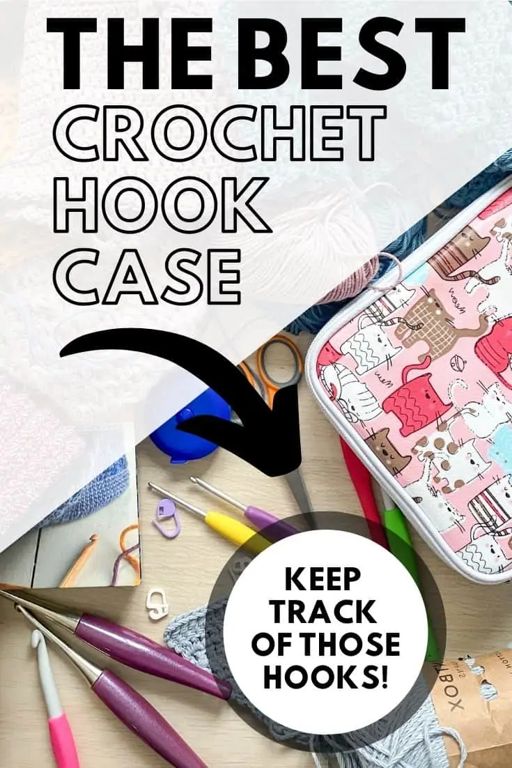 background showing crochet hooks, accessories, crochet hook storage bag and crochet projects with words the best crochet hook case
