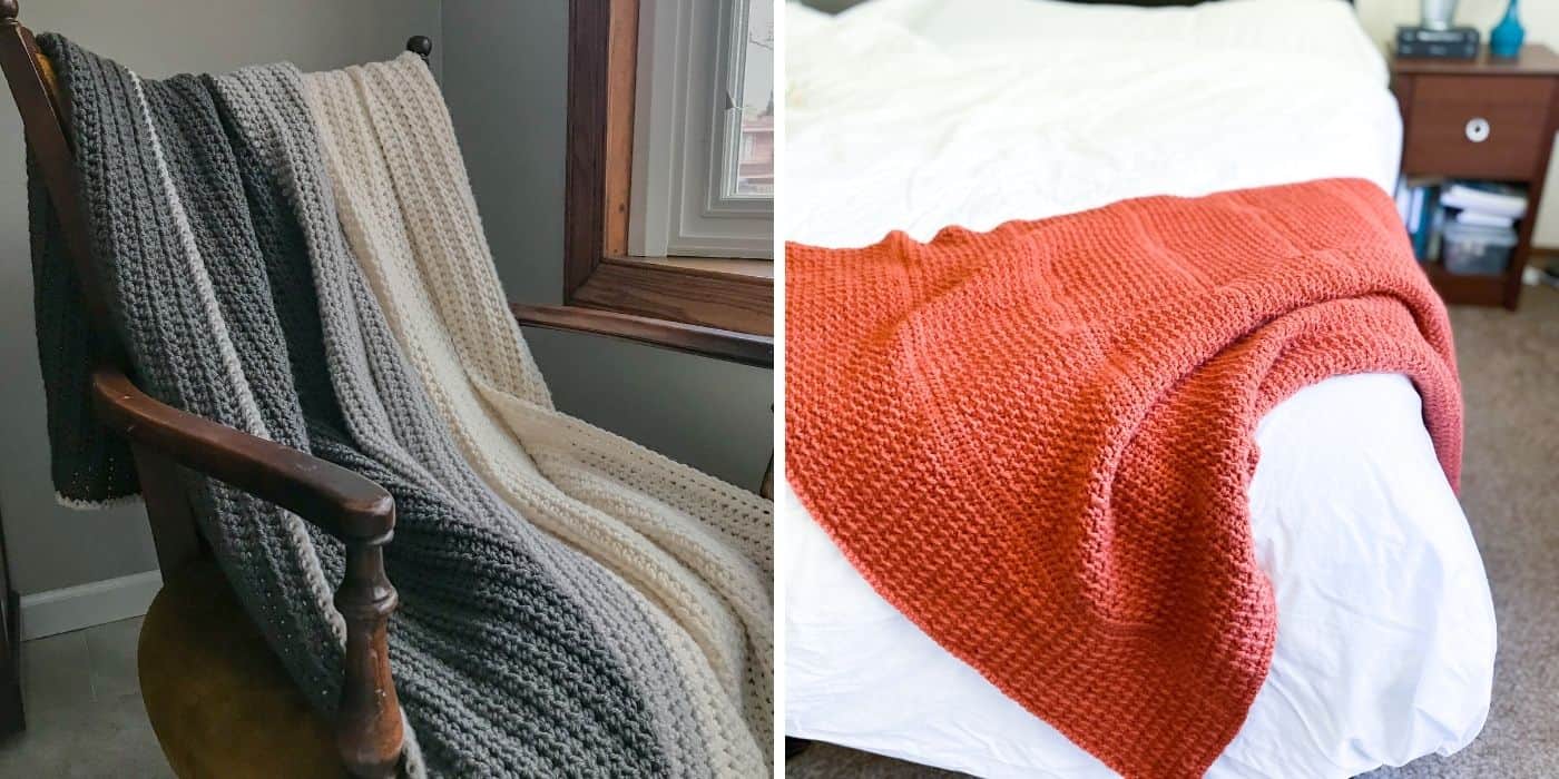 two different crochet blankets one that is shades of gray and the other orange