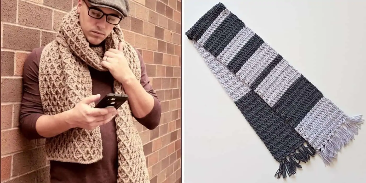 man wearing masculine crochet scarf and a gray and black striped scarf