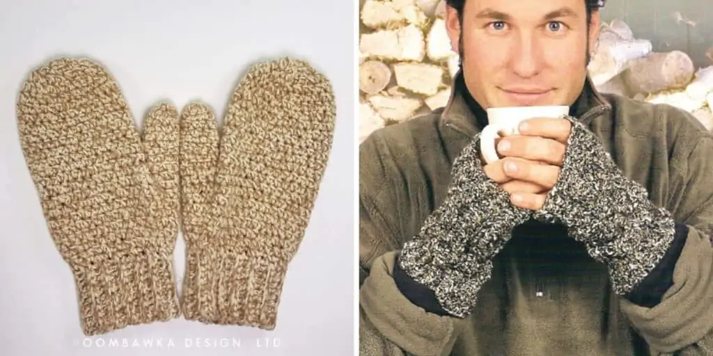 crochet mittens and crochet fingerless gloves on a man