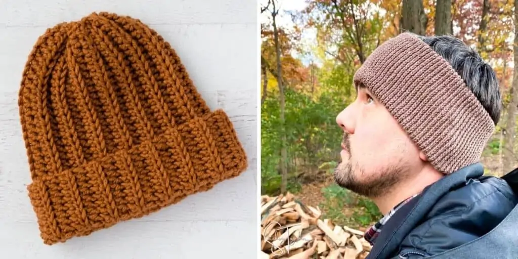 collage image of a crochet hat and man wearing crochet ear warmer