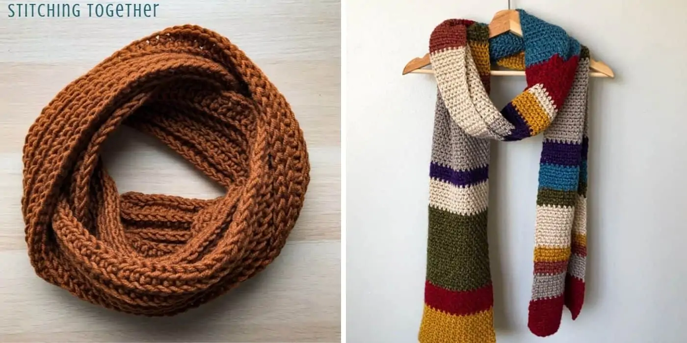 brown crochet scarf and a multicolored Dr. Who scarf