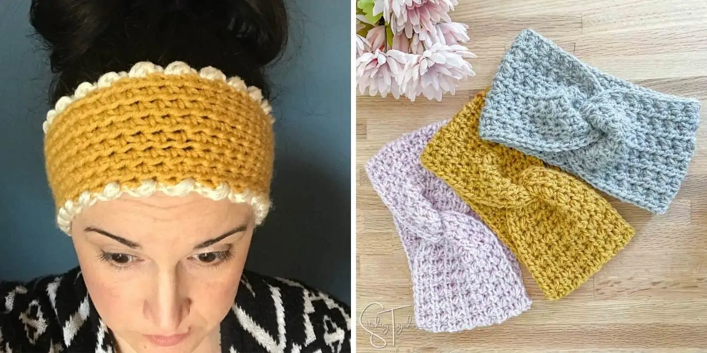 woman wearing crochet ear warmer and twisted crochet headbands laying flat on a table