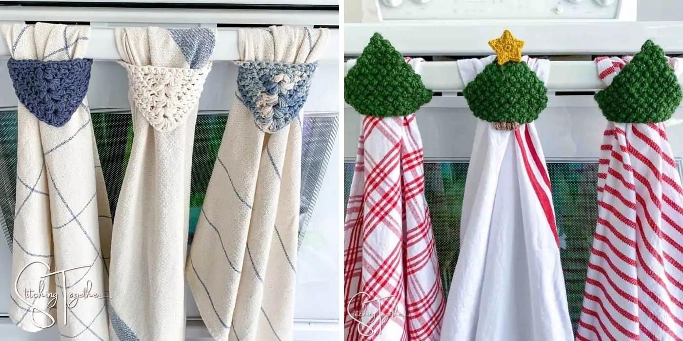 two different types of crochet towel toppers hanging on an oven