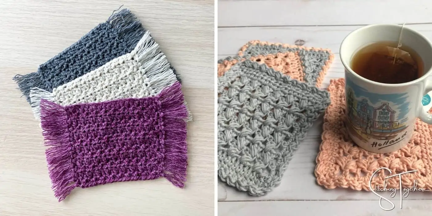crochet coasters with fringe and square coasters with a cuppa