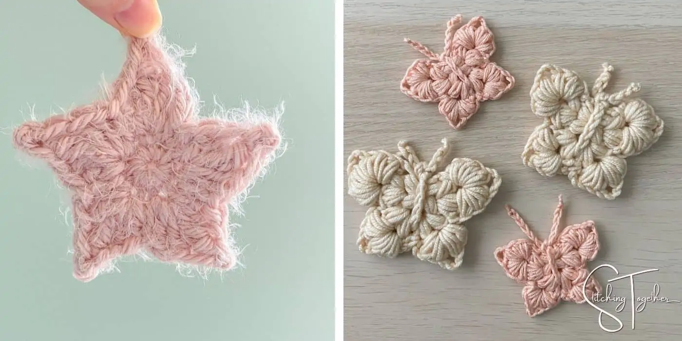 a crochet star and crochet butterflies