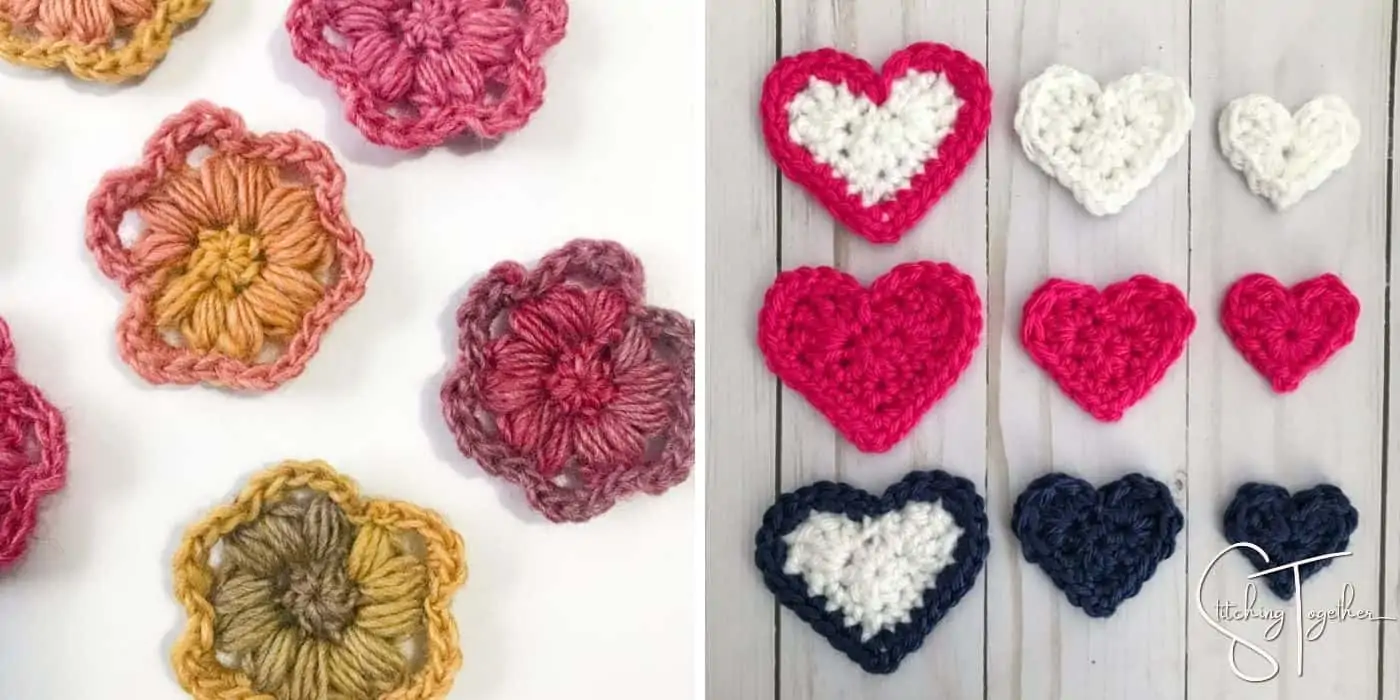 crochet flowers and crochet hearts