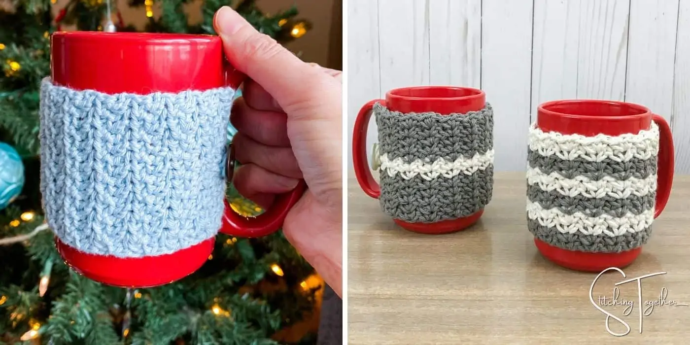 two picture of a red mug with two different types of crochet cozies on it.