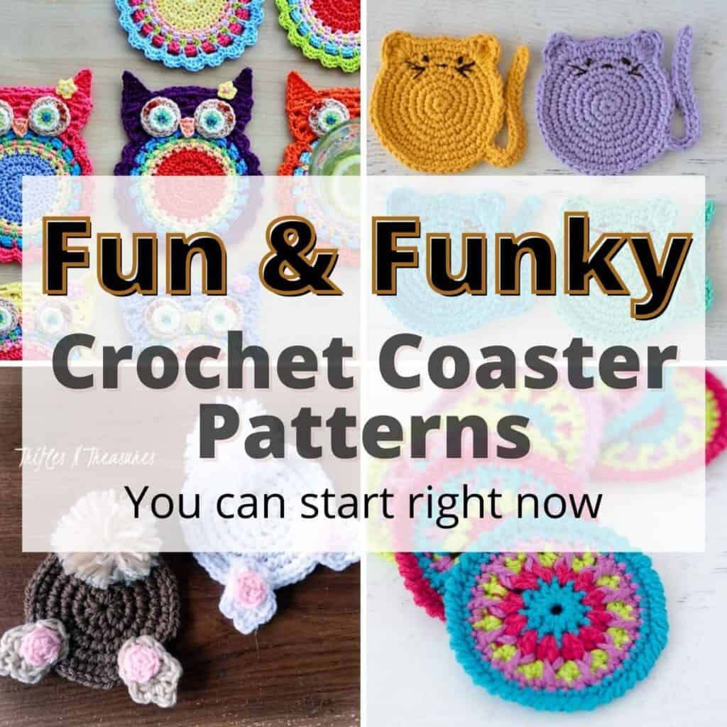 collage of funky crochet coasters
