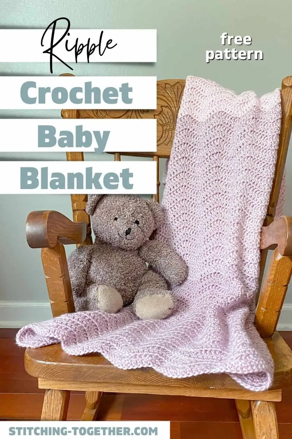 pin of ripple baby afghan on a chair with a stuffed bear