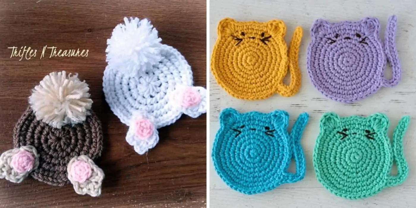 crochet bunny and crochet cat coasters