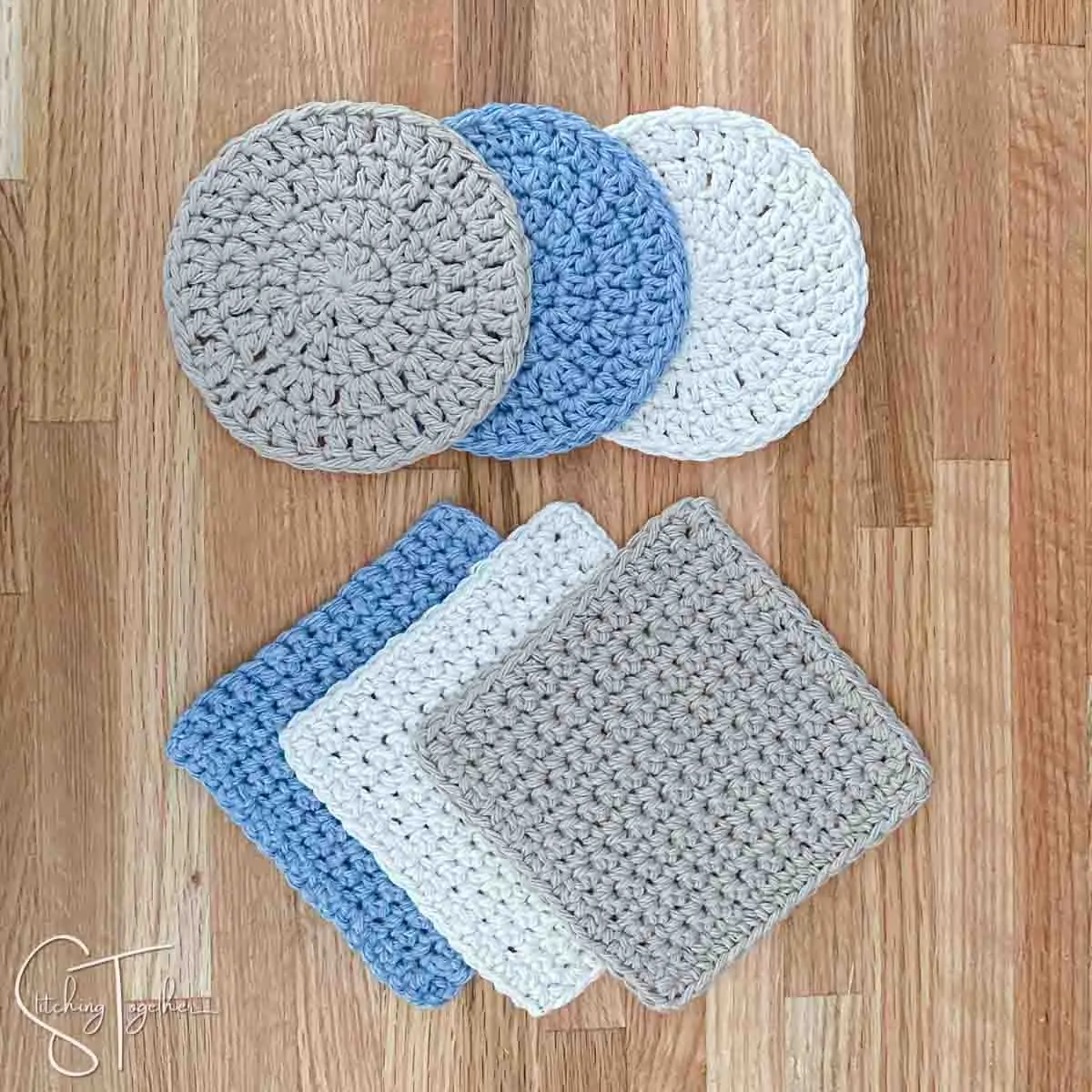 3 square and 3 round crochet coasters laying flat