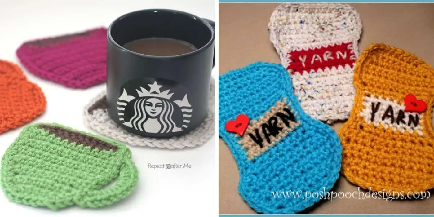 mug and yarn crocheted coasters