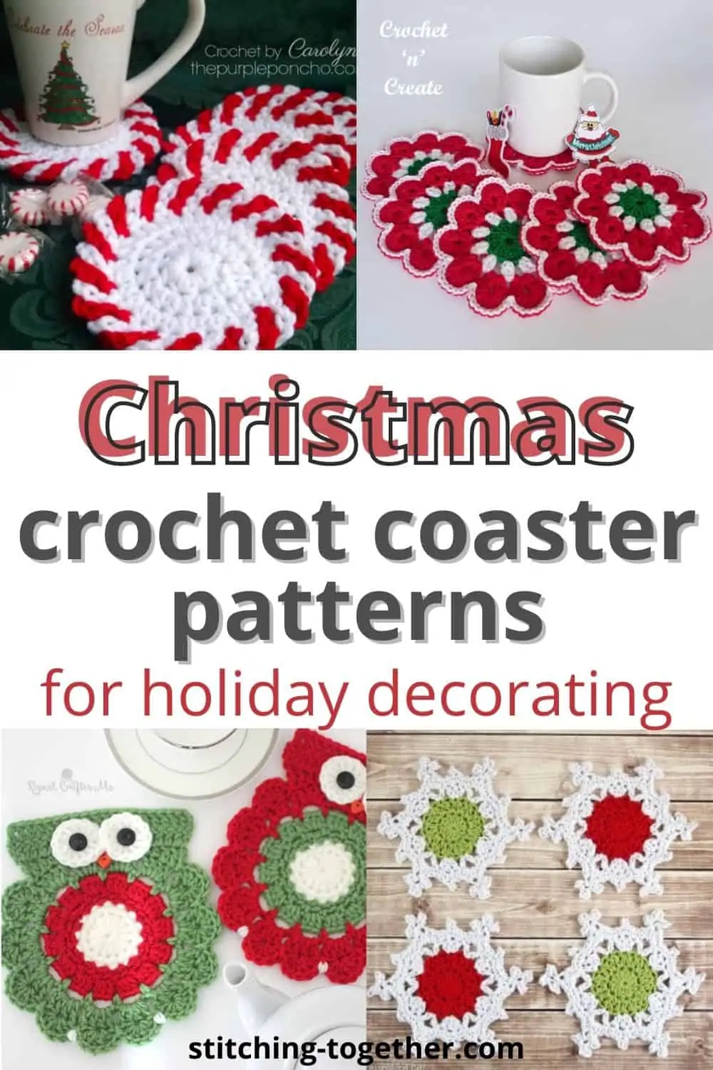 collage of Christmas crochet coasters with text