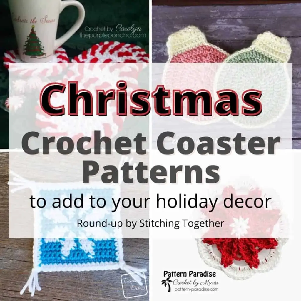 collage of crochet christmas coasters with text