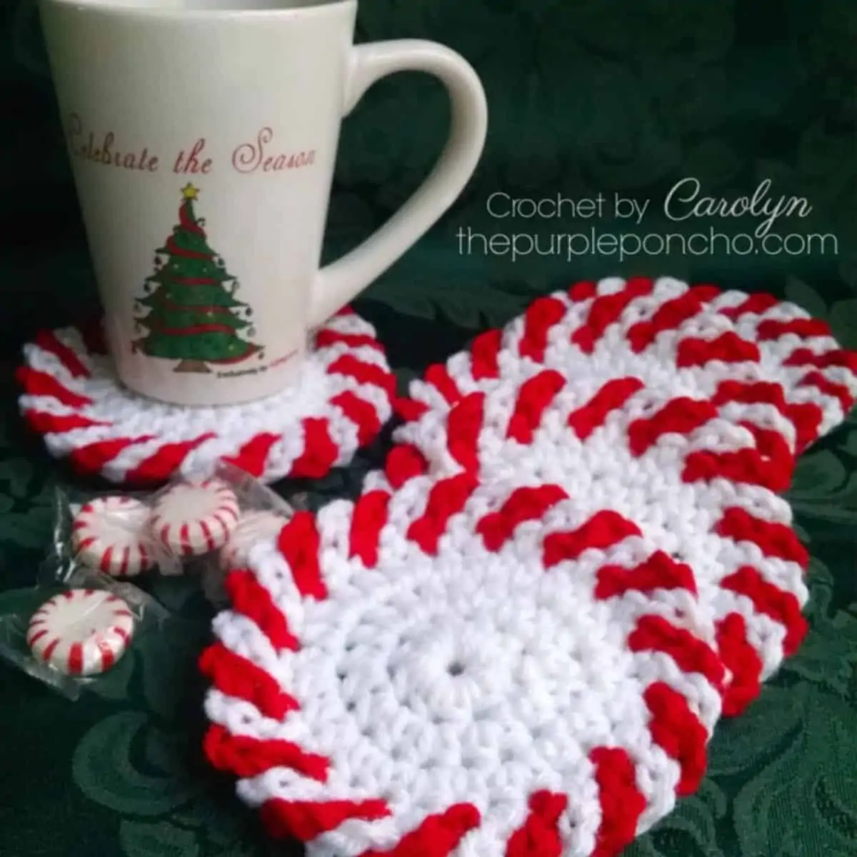 peppermints, a mug, and crochet peppermint coasters