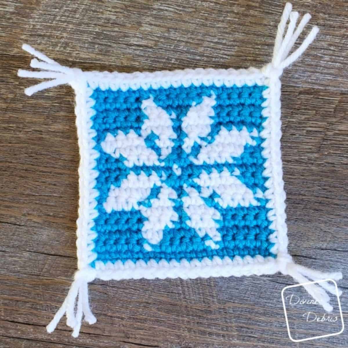 blue and while snowflake crochet coaster with tassels in the corners