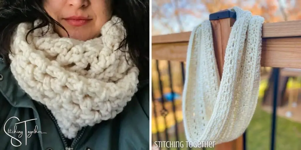 2 white crochet scarves with open stitch work
