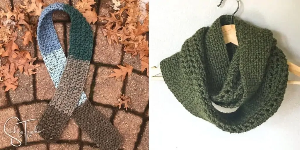 a scarf looped on the ground and a green scarf hanging