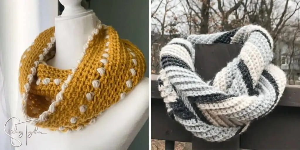yellow crochet cowl and gray toned chevron scarf