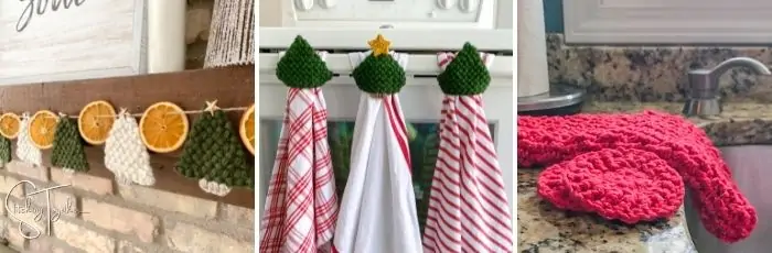 crochet christmas tree ornaments, crochet towel toppers, and dishcloth set