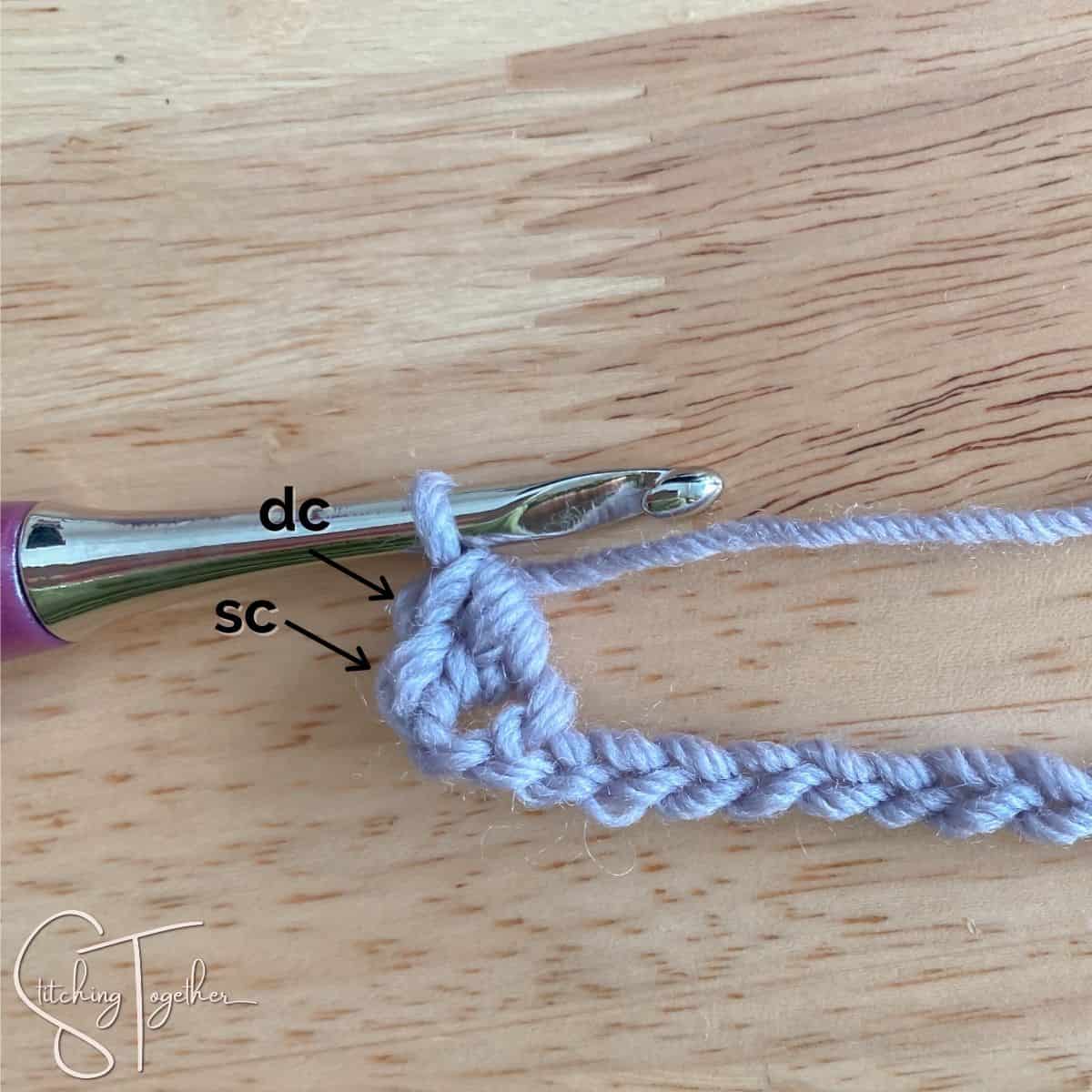 crochet chain with a single crochet and double crochet worked into the second chain from the hook for left hander