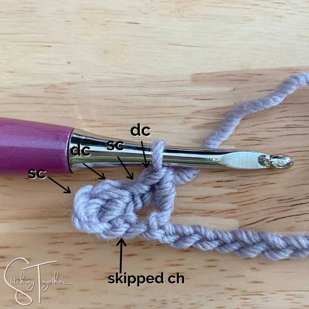 crochet swatch with arrows showing where stitches are