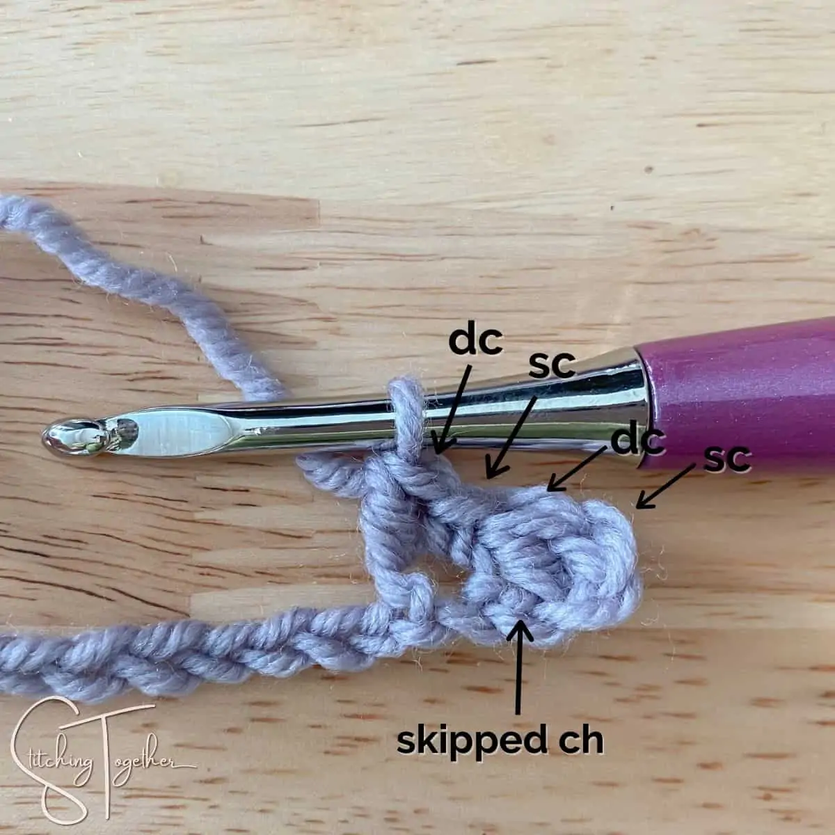 crochet swatch with arrows showing where stitches are