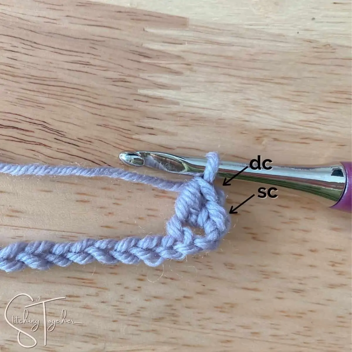 crochet chain with a single crochet and double crochet worked into the second chain from the hook