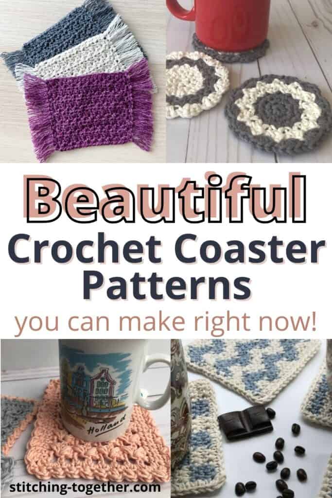 pin image with coaster pictures and text reading beautiful crochet coaster patterns you can make right now