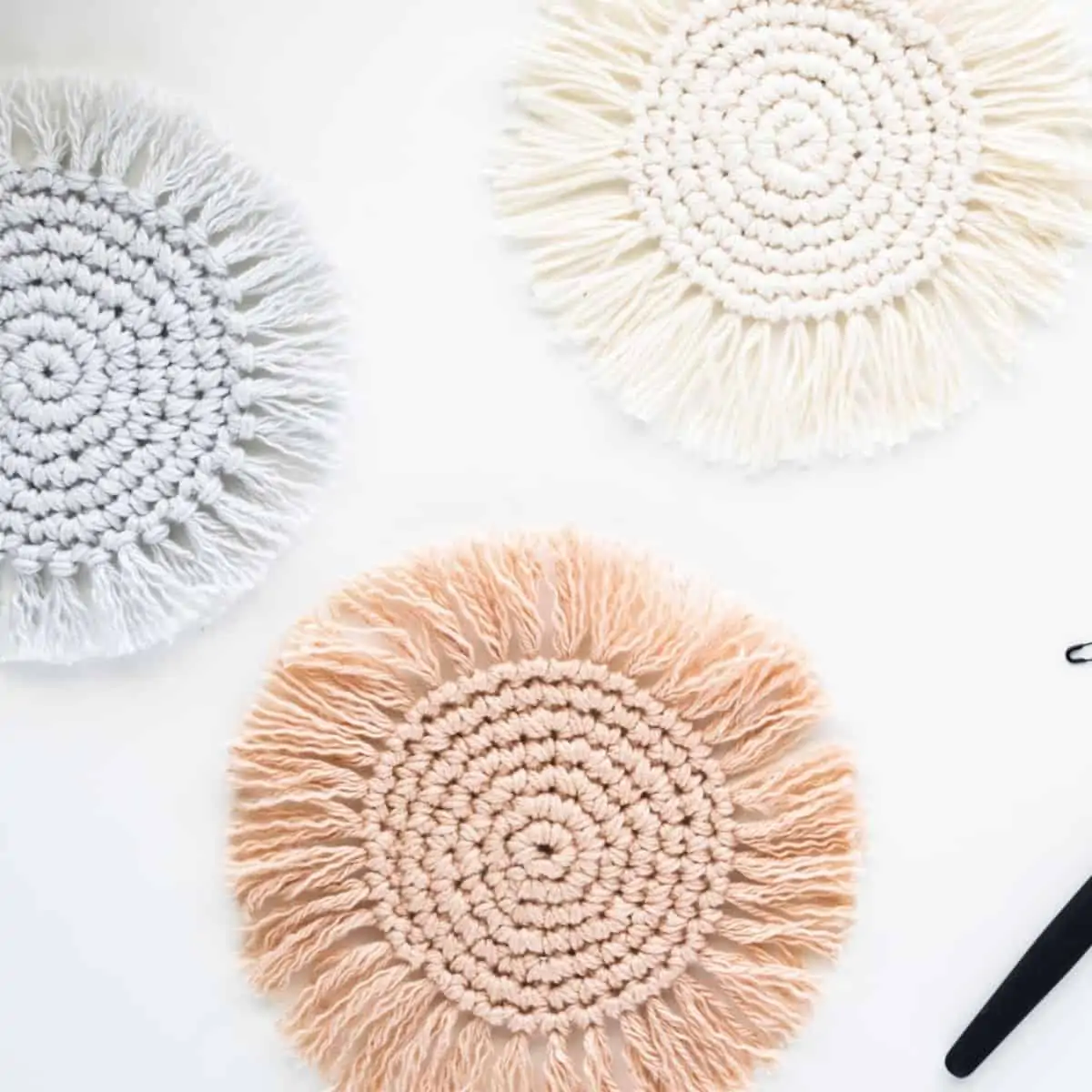 neutral boho crochet coasters with fringe